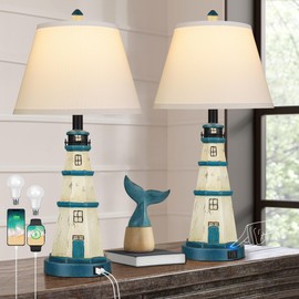 WIHTU Table Lamps Set of 2, Bedside Lamps with Dual USB Charging Ports, 3-Way Dimmable Modern White Blue Lighthouse Touch Control Nightstand Lamps for Living Bedroom, Bulbs Included