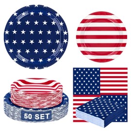 QZYL Set de 150 Platos y Servilletas 4 de Julio | Decoración Patriótica Desechable Roja, Blanca y Azul | Ideal para Fiestas, Cena, Día de la Independencia y Memorial Day