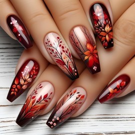 French Press on Nails Medium Square Fake Nails with Designs Maple Leaf Glue on Nails Long Coffin False Nails Fall Acrylic Nails Glossy Artificial Nails Full Cover Stick on Nails for Women