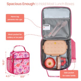 BrainyBees Kids Lunch Bag Girls - Insulated Kids Lunch Box Reusable Girls Lunchbox with Water Bottle Holder Toddler Lunch Tote Bag for School Daycare, Pink Dinosaur