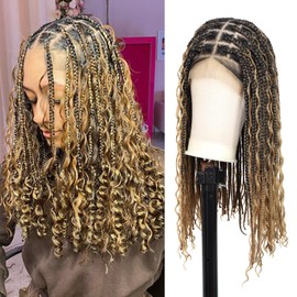 Zurffiy 13x8 Inch HD Lace Front Braided Wigs Short Boho Braids Wig for Women Knotless Braided Wigs with Curly End Human Hair Blended Light Brown Box Braid Wig with Baby Hair 18 Inch