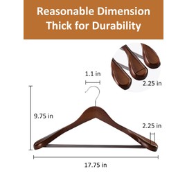 AMKUFO Wide Shoulder Wooden Hangers 8 Pack Coat Hanger with Non Slip Pants Bar, Heavy Duty Suit Hanger Wood Clothes Hangers with Smooth Finish 360° Swivel Hook for Sweater Jackets Shirts Walnut