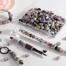 ZHIYUXI 150PCS Blue and Purple European Large Hole Assorted Beads Bulk for Jewelry Making Rhinestone Big Hole Spacer Lampwork Murano Glass Beads for Charms Bracelet Making Necklace Pens DIY Craft