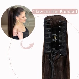 SEGOHAIR Claw Clip Ponytail Hair Extensions Human Hair, 20 Inch Ponytail Extension Natural Real Hair Straight Remy Hair Extensions-Darkest Brown(130g）