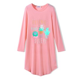 Arshiner Girls' Nightdress Long Sleeve Children's Night Dress Cotton with Cute Prints Pyjamas Dress Nightdress for Girls, Orange pink