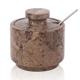 MARBLOUS KRAFTS Marble Salt Cellar with Lid and Spoon 3'' Oceanic Salt & Spice Bowls, Salt Containers For Countertop Kitchen Accessories