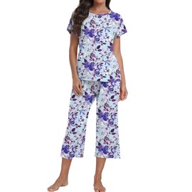 YUNDAI Womens Pyjamas Floral Print Nightwear Sets Short Sleeve Round Neck Sleepwear Tops And Pants 2 Piece Lounge Wear Sets with Pockets, Small Blue Purple Flower