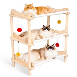 MITREL Large 3-Layer Cat Hammock Bed, 24"x15.7"x26.8" Elevated Cat Bed with Pine Wood Frame, Breathable Washable Covers, Wooden Pet Furniture for Indoor Cats and Small Animals(White, 3-Tier)