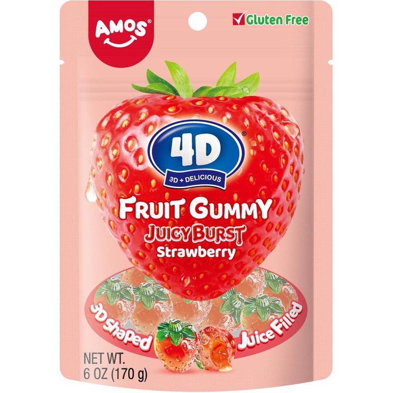 AMOS 4d strawberry juicy burst fruit gummy, strawberry 6 OZ