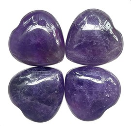 Fekuar 4Pcs Natural Amethyst Crystal Crystal Heart Pocket Stone Set, Polished Palm Love Healing Therapy Chakra Balancing 1.2 inches (30mm)