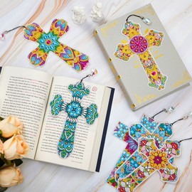 Ireer 6 Pcs Cross 5D Diamond Art Kit for Adult DIY Painting Kit Religious Crystal Cross Diamond Bookmarks for Reading Lover Home Office School Project Read DIY Crafts Gifts, 6 Styles