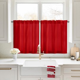 HOMEIDEAS Non-See-Through Red Privacy Sheer Kitchen Curtains, 30 X 24 Inches Long 2 Panels Short Sheer Curtains Light Filtering Bathroom Window Drapes for Bedroom Living Room