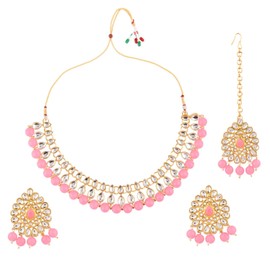 Efulgenz Indian Jewelry Choker Necklace Maang Tikka Earrings Bollywood Wedding Crystal Kundan Necklace Earrings Head Chain Set