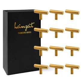 heimzeit Cabinet Knobs for Doors, Drawers and Dressers Made of High Quality Stainless Steel [Pack of 12 T-shaped] Color Gold Stylish Design Furniture Knobs with Single Hole Handle and Screws