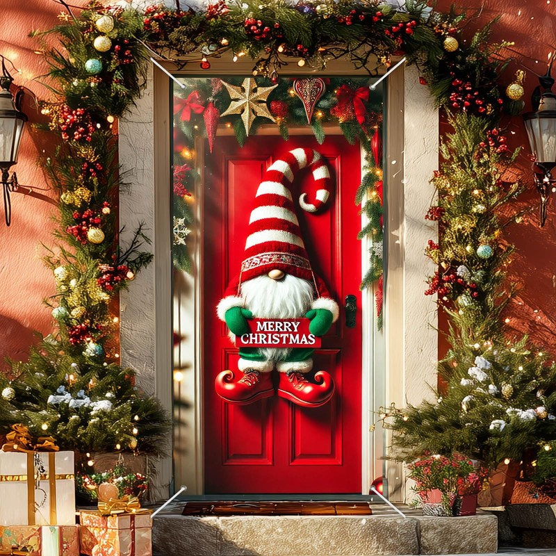 Christmas Door Cover Gnome Stripes 35x71 Inch Polyester