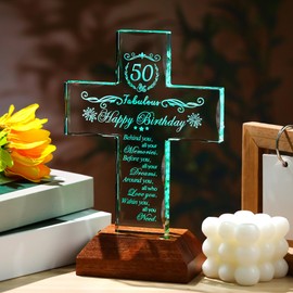 Ornalrist Happy 50th Birthday Religious Gifts for Women, Men, Sister, Friend - 50 Year Old Birthday Present for Him, Her - 50th Birthday Glass Cross Multicolor LED Wooden Base Keepsake Home Decor