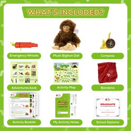 Wilderness Survival Hiking Kit with Big Foot Plush, Compass, Whistle, Signal Mirror, Activity Map - Kids Adventure Set, Pretend Play Set