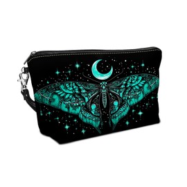 FQSXFIFN Leather Makeup Bag with Detachable Tape, Waterproof Portable Samll Cosmetic Bag Travel Accessories Organizer, Travel Toiletry Bag for Women Man, Green Butterfly Make up Bag