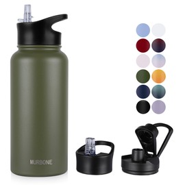 MURBONE Stainless Steel Drinking Bottle 1 Litre (+ 2 Lids) with Straw, BPA-Free, Leak-Proof, Suitable for Carbonated Drinks, Thermos Flask, Vacuum Double Wall Insulation for Sports, Travel, Camping