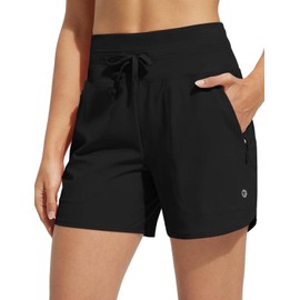 BALEAF Women's Swim Board Shorts High Waisted Quick Dry UPF 50+ Modest Swimsuits 2025 Swimming Bottoms with Boxer Liner Zipper Pockets Black L