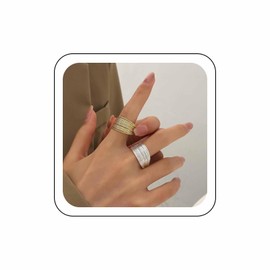 Zeshimb Chunky Statement Rings for Women Gold Silver Two Tone Multi Lines Rings Adjustable Wide Index Finger Rings Link Chain Open Wrap Rings Set Cool Jewelry