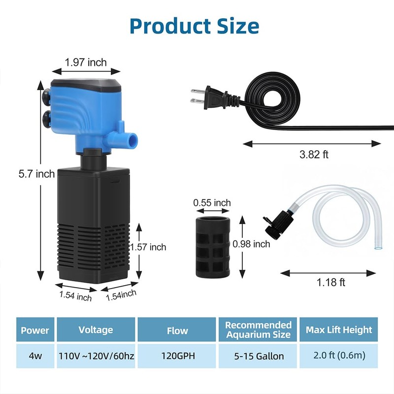 DaToo Aquarium Filter 5-15 Gallon Fish Tank Filter 120GPH Powerful