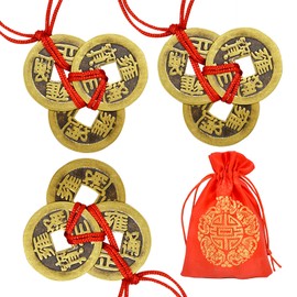 Fengshuisale 3 PCS Ancient Chinese Fortune Brass Coins Fengshui I-Ching Coins with Red String Traditional Pendant Decoration for Wealth and Success +Red Blessing Bag