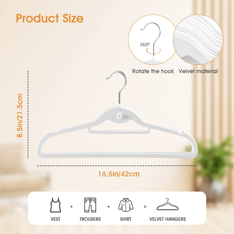 20 Pack Velvet Slim Non-Slip White Hangers - Space Saving