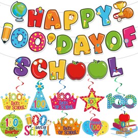 Nezyo 32 Pcs 100 Days of School Hanging Swirls Decorations Happy 100th Day of School Ceiling Hanging Ornaments Banner Streamers for Kids Student Kindergarten Preschool Primary Party Decor Supplies