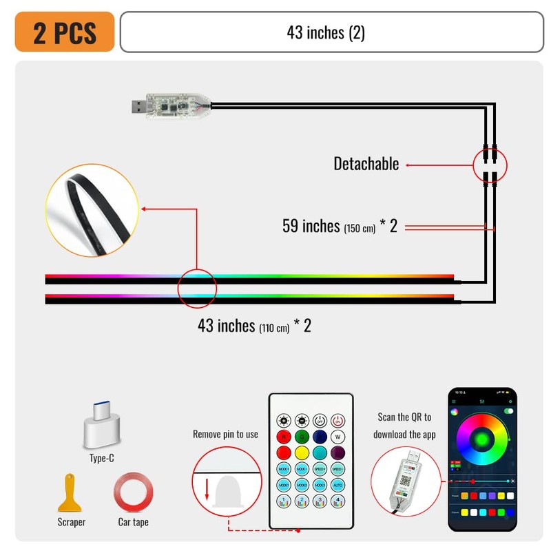 Ambient Lighting Car led Lights Interior, 43.3'' USB Powered Acrylic