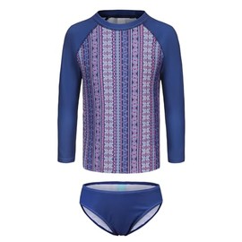 Moon Tree Big Girls Two Piece Rash Guard Swimsuits Set Long Sleeve Bathing Suit with UPF 50+ Sun Protection Kids Sunsuits Swimwear Navy Blue Boho Size 16/14-16 Years