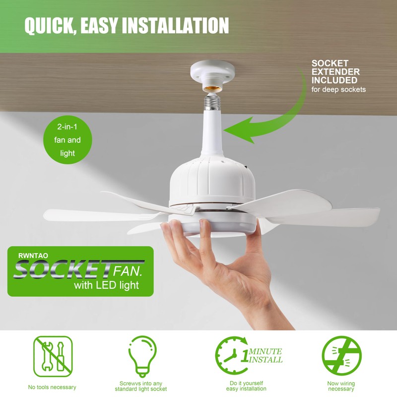 Socket Ceiling Fan Light with Remote and 1 Socket Extender,