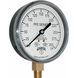 Winters PFE Series Single Scale Sprinkler Pressure Gauge, 3-1/2" Dial, 0-300 psi Range, +/-3-2-3% Accuracy, 1/4" Male NPT Bottom Connection, For Air/Water Media