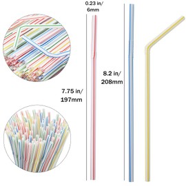 ALINK 200-Pack Striped Flexible Drinking Straws, Multi Colored Plastic Disposable Bendy Straws - 7.75" x 0.23"