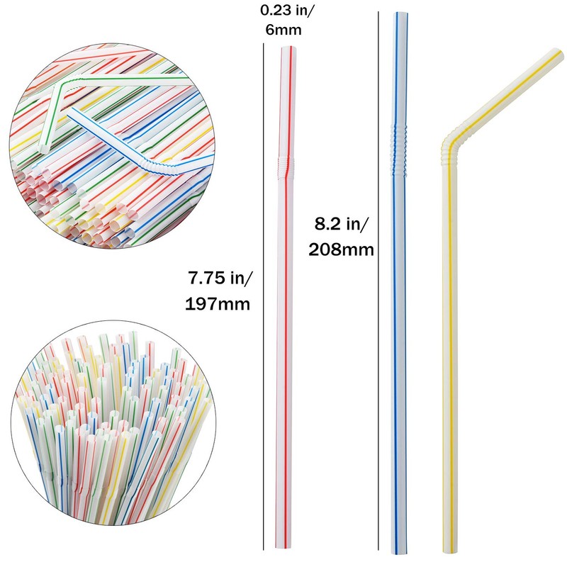 ALINK 200-Pack Striped Flexible Drinking Straws, Multi Colored Plastic Disposable