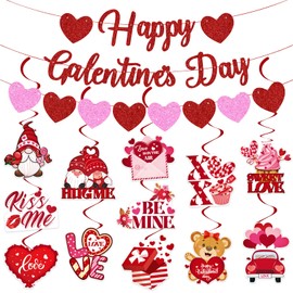 Galentine's Day Decorations, Glitter Happy Galentine’s Day Banner Heart Garland Galentine’s Day Hanging Swirls Galentine’s Day Hanging Decor for Girls Ladies Galentines Valentines Party Decor