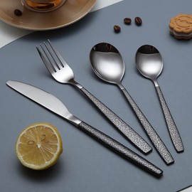 Kyraton Cutlery Set 16 Pieces with Moon Surface Black Handle and Shiny Mouth Stainless Steel Modern Cutlery Set Utensils Set Service for 4