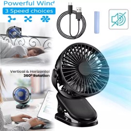 3 Speeds USB Rechargeable Mini Cooling Fan Clip On Desk Baby Stroller Portable