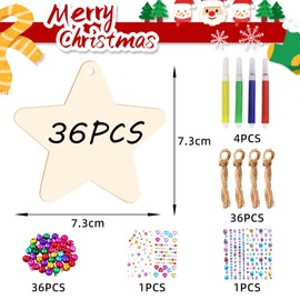 Pack of 36 Wooden Stars Wooden Pendants Christmas Craft Set for Children, Christmas Crafts Christmas Decoration Wooden Christmas Pendant Tree Decoration Christmas Gift Tags Decoration Wooden Stars