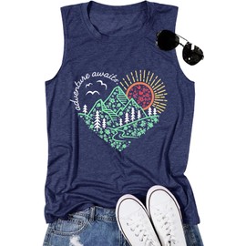 Kindness Sleeveless for Women Nature Pine Tree Printed Outfit Lake Life Trip Adventure Activewear Love Heart Floral Tank Top, Navy Blue L