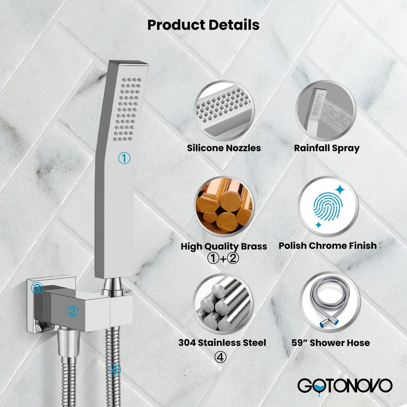 gotonovo Wall Mount Chrome Polished Solid Brass Handheld Shower Head