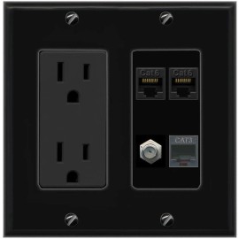 Wall Plate City 2 CAT6 COAX PHONE Port Wall Plate Black w Power Outlet