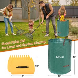 Rake for Leaves: Large 18" Wide Metal Leaf Rake, 65” Long Handle,25 Tines,Heavy Duty Graden Rakes Set for Lawn Yard Pine Needles Mulch Thatch Debris Cleanup Set with 32Gallon Leaf Bags and Scoops