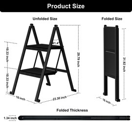 Ainai 2 Step Ladder,Aluminum Ultra Thin Folding 2 Step Stool,400 Lbs Capacity Heavy Duty with Anti-Slip Sturdy and Wide Tread,Closet Slim Step for Home,Kitchen and Office,Space Saving (Black, 2-Step)
