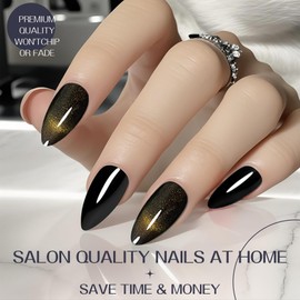 French Tip Press on Nails Gold Cat Eye - Reusable Fake Nails for Wedding, Party & Holidays | Easy to Apply Gel Nails Kit with 24 Sizes (Gift for Her)