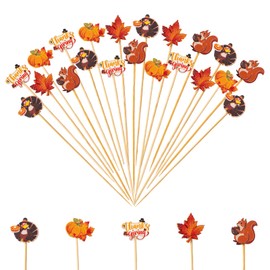 Jiesky 240pcs Fall Cocktail Picks Autumn Theme turkey squirrel pumpkin maple leaf Bamboo Cocktail Toothpicks Fruit Sticks Sandwich Appetizer Charcuterie Skewers for Thanksgiving Day Decorations Party