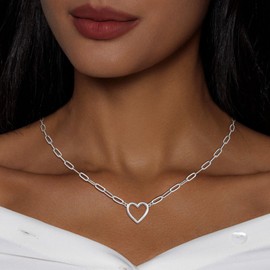 Airmb Heart Necklace for Women 925 Silver Plated Cute Necklaces Dainty Silver Necklace Paperclip Chain Trendy Open Heart Choker Necklaces Gold Jewelry for Women Gifts