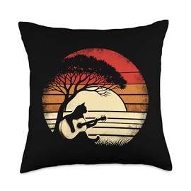 Melodic Whiskers Vintage Distressed Cat Playing Acoustic Guitar Under Tree Throw Pillow, 18x18, Multicolor