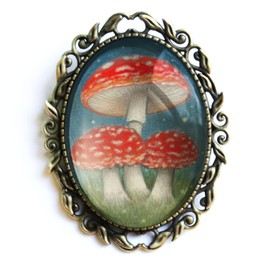 Amanita Mushroom Oval Glass and Brass Cottage Core Brooch
