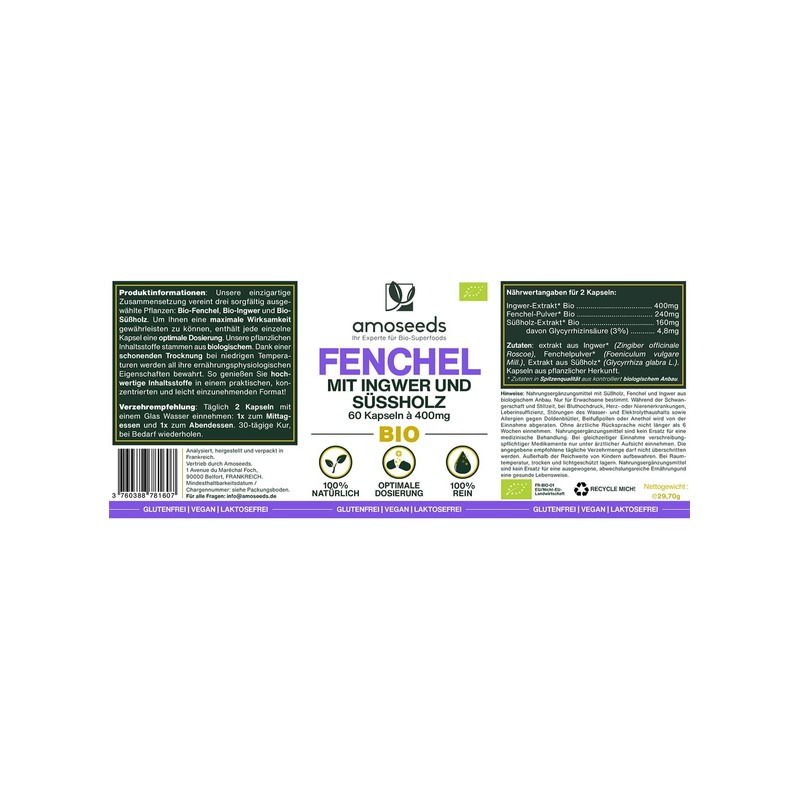 Organic Fennel with Ginger and Freshwood, 100% Natural, Laboratory Tested,